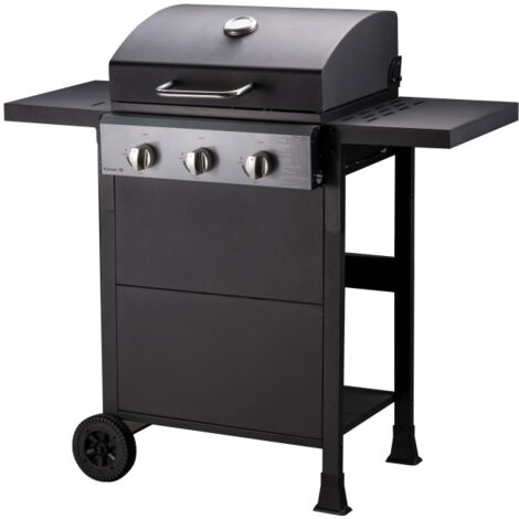 Brasero – Barbecue à gaz sur chariot 3 brûleurs – Surface de cuisson 49 x 39 cm en acier émaillé – 7,5 kW – Tablettes rabattables – 2 roues – Noir