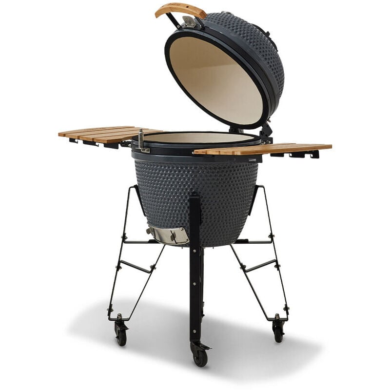 Barbecue au charbon de bois en céramique kamado - Haute résistance à la chaleur - Avec Thermomètre, chariot - Tablettes latérales - Gris - Brasero