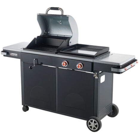 BRASERO - Barbecue Bi-Energy L Brasero - Barbecue Charbon 49 x 42 cm et Plancha à gaz 48 x 42 cm - 2 brûleurs gaz - 7,2 kW - Noir