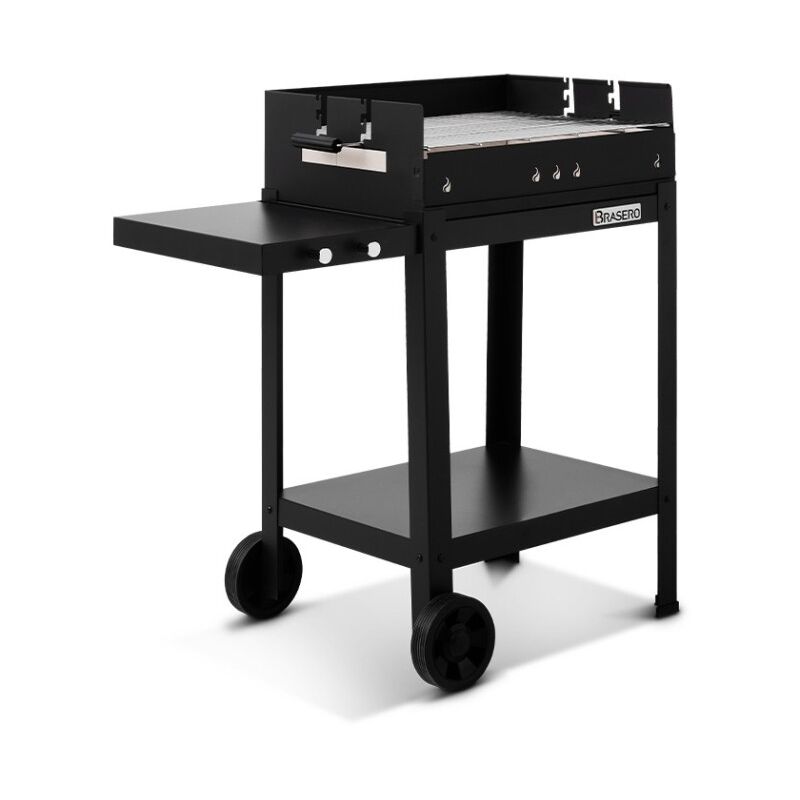 BRASERO - Barbecue charbon Vigo - Grille réglable en hauteur, en acier chromé de 59 x 45 cm - Sur chariot équipé, tablette latérale et inférieure,