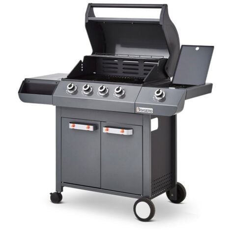 BRASERO - Barbecue Emma Gun Metal 4 Feux + 1 Side - FlexiGrill - Jusqu'à 12 convives - Surface de cuisson 64 x 41,5 cm - 2 Tablettes dont 1 brûleur latéral - 15,1 kW