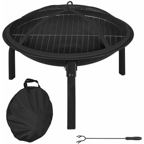 Brasero, Barbecue, Foyers et Braséros, avec Grille, Couvercle, Pic, Sac de Transport, Rond, 55 x 40 cm (Ø x H), Transportable, pour Extérieur, Jardin, en Fonte, Noir GFP56BK