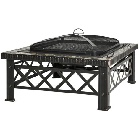 Brasero/bol à feu 3 en 1 avec pare-éclaboussures, grille et seau à glace, idéal pour les barbecues de jardin, noir, 76 x 76 x 47 cm