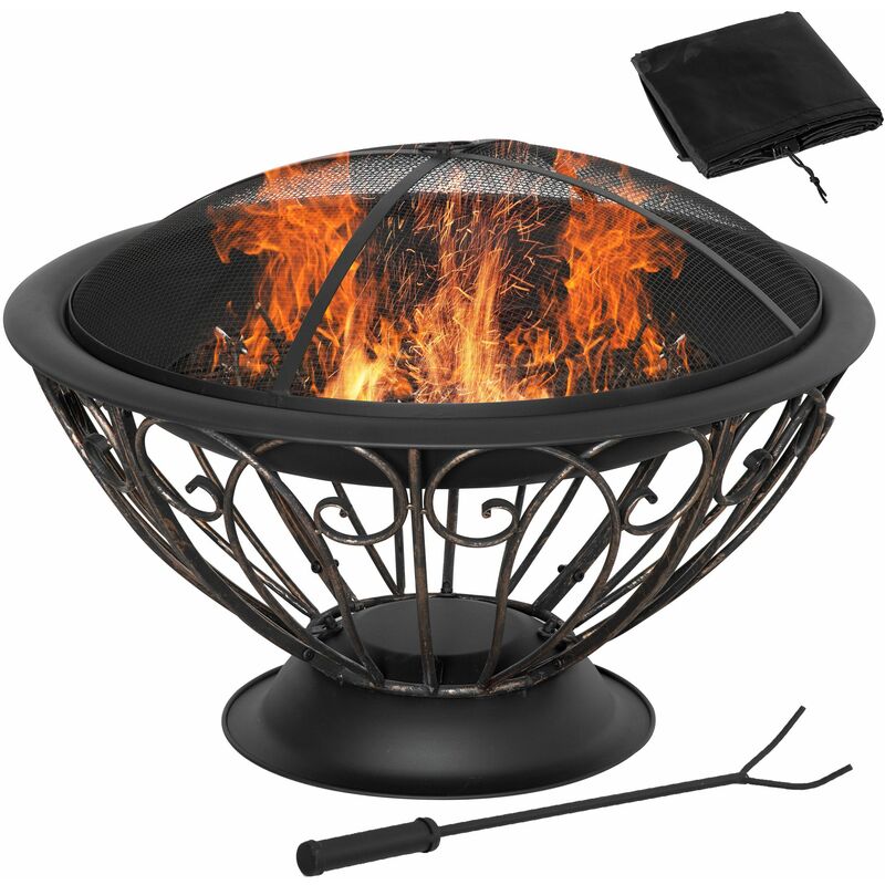 Brasero boule de feu cheminée foyer extérieur ø 76 x 50H cm grille à charbon couvercle tisonnier housse métal noir bronze