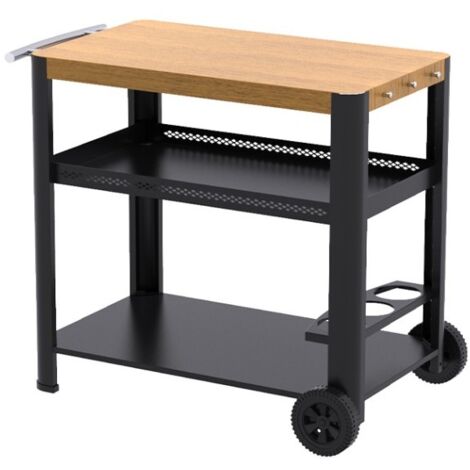 Brasero – Chariot à plancha avec 2 niveaux de rangement – Plateau 85x50 cm en acier imitation bois – 2 roues pour mobilité – Support bouteilles et crochets