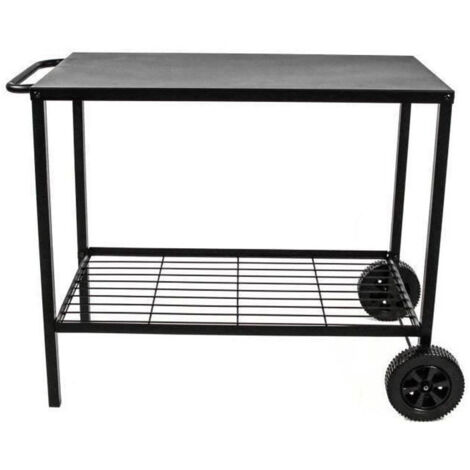Brasero – Chariot à plancha en acier noir – Desserte extérieure 85 cm – 2 niveaux de rangement – Résistant aux intempéries – Mobilité avec 2 roues