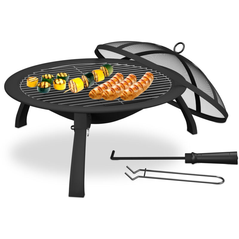 Relaxdays - Brasero, ø cuve 51 cm, pieds pliables, grille, pare-étincelles, tisonnier, feu de jardin, noir