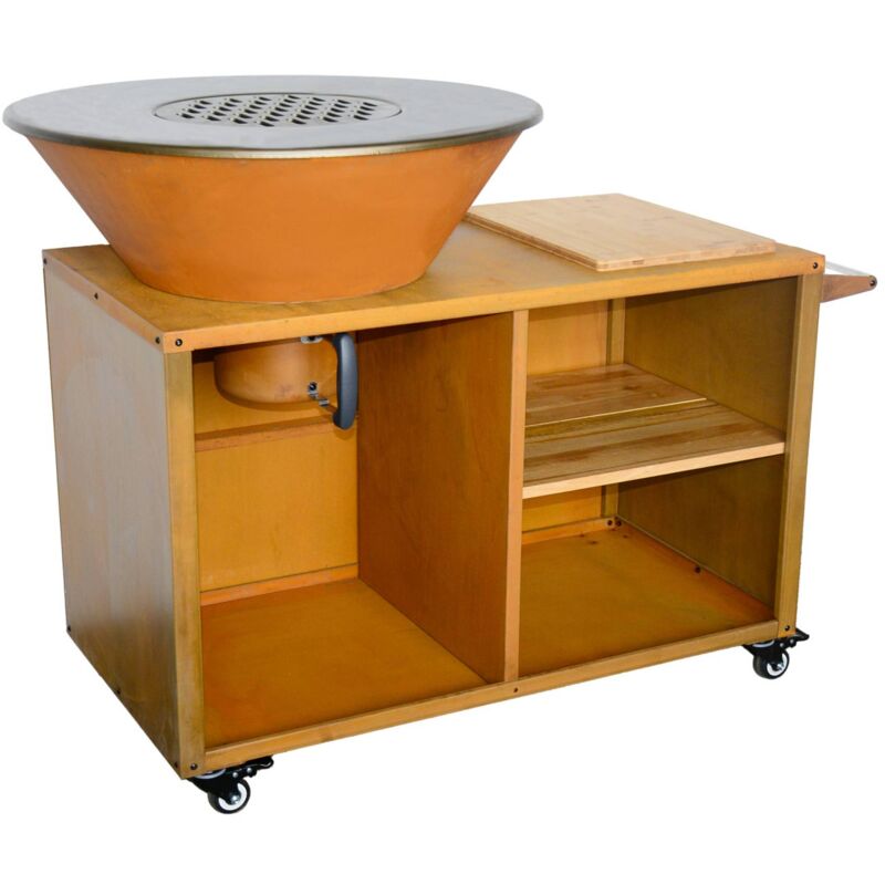 Braséro de cuisson Ø80cm - Stromboli - coloris corten avec grille de cuisson et espace de rangement. l 138 x p 82 x h 114 cm