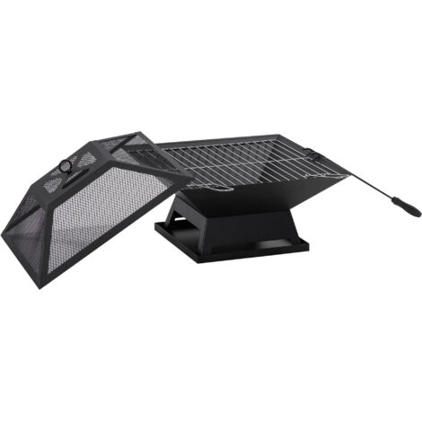 Brasero de jardin avec grille et pare-étincelles, en acier noir, 45 x 45 x 34 cm, incluant un tisonnier pour des soirées chaleureuses.