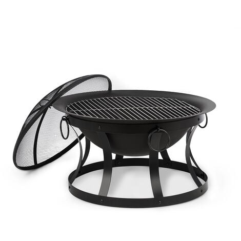 Braséro de jardin - blumfeldt Pentos - Foyer de terrasse - Grille barbecue Ø60cm - Pare-étincelles - Charbon ou bois - Acier noir