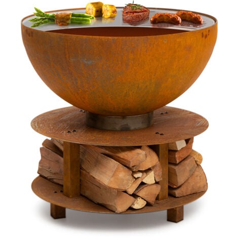 Braséro de jardin - blumfeldt Savage 2.0 - Foyer de terrasse - Barbecue Ø60cm - Rangement du bois - Charbon ou bois - Rouille