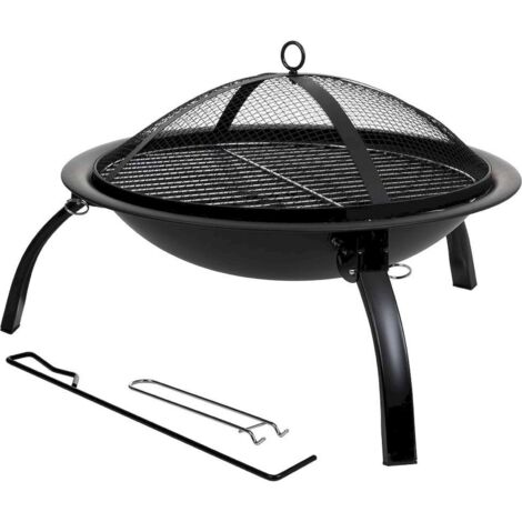 Brasero de jardin noir avec pieds pliables et grille barbecue - noir intense avec détails argentés