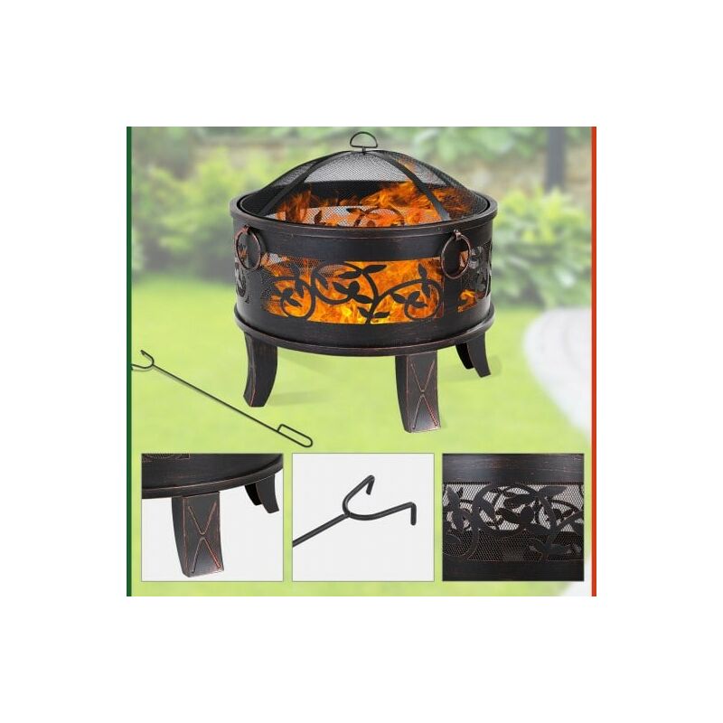 Braséro de jardin rond 66 cm imitation bronze. Idéal Terrasse. Avec accessoires couvercle