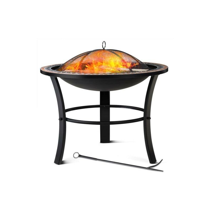 Braséro de jardin rond 76 cm mosaïque. Idéal Terrasse. Avec accessoires couvercle - Noir