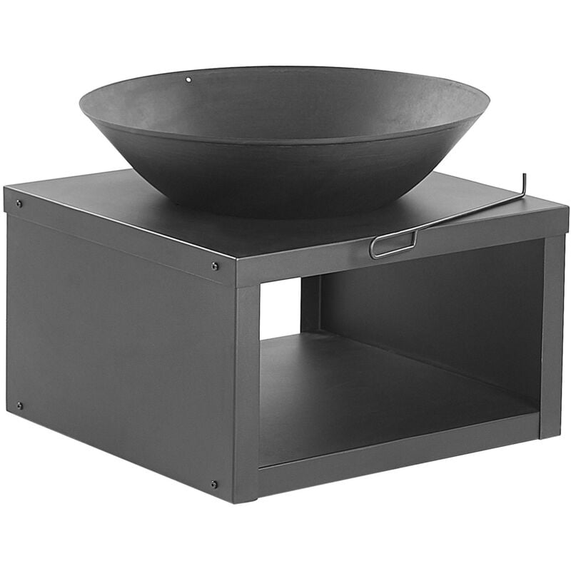 Beliani - Braséro Rond au Charbon avec Porte Bûche Chauffage Extérieur en Acier Noir Très Décoratif et Elégant Idéal pour Cuisiner à l'Extérieur