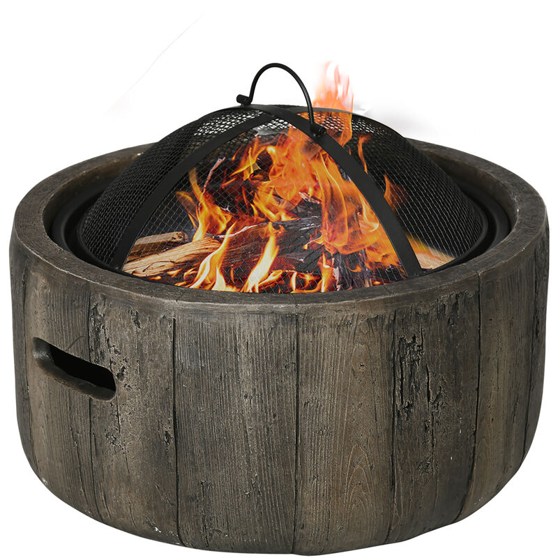 Outsunny - Brasero design cheminée foyer extérieur dim. ø 45,5 x 34H cm grille couvercle tisonnier métal noir mgo aspect bois