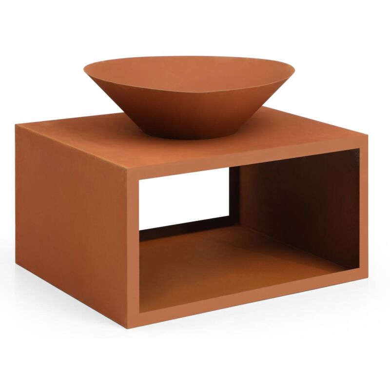 Vente-unique - Brasero en acier Corten avec range bûches - L90 x H67,5 x P75 cm - bezio