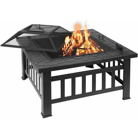 Brasero Exterieur pour Jardin Terrasses BBQ ,Foyer de Chauffage 3 en 1, Bac à Feu avec Grille 81 x 81 x 45 cm, Noir avec Housse de Protection + Tisonnier pour Chauffage / Barbecue dans le Jardin Terrasse