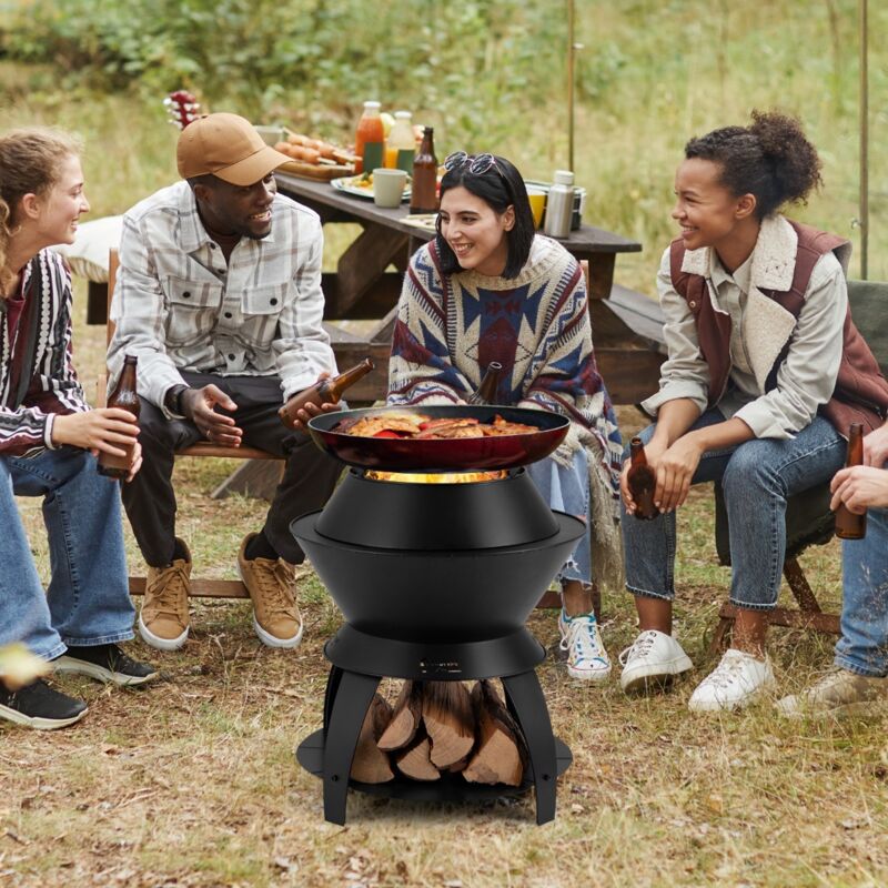 Brasero Foyer de 50CM Bol de Feu de Camping en Métal avec Support de Casserole et Étagère de Rangement Combustion sans Fumée Noir DESIGN IN