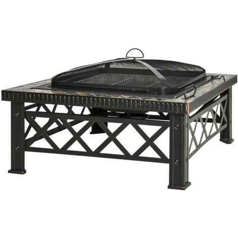 Brasero/Foyer extérieur 3 en 1 avec pare-étincelles, grille et seau à glace pour barbecue de jardin, noir, 76 x 76 x 47 cm