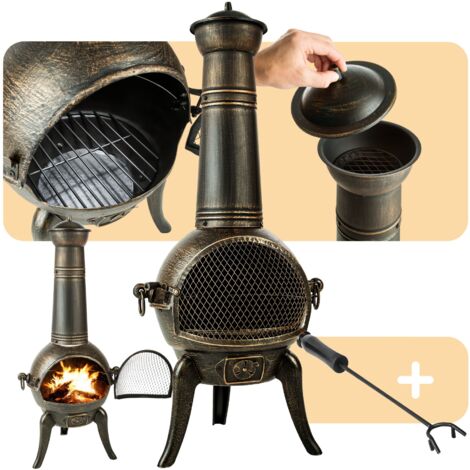 Brasero Mexicain en Fonte de Jardin avec Cheminée et Grilles 52 cm x 44 cm x 115 cm