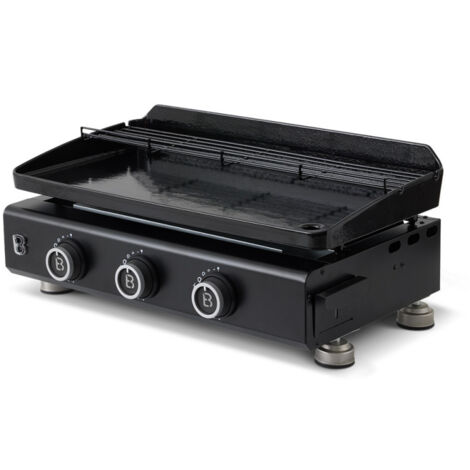 Brasero – Plancha à gaz 3 brûleurs 7,95 kW – Plaque acier 67 x 34 cm – Grille de réchauffement – Tiroir à graisse avec jauge de niveau