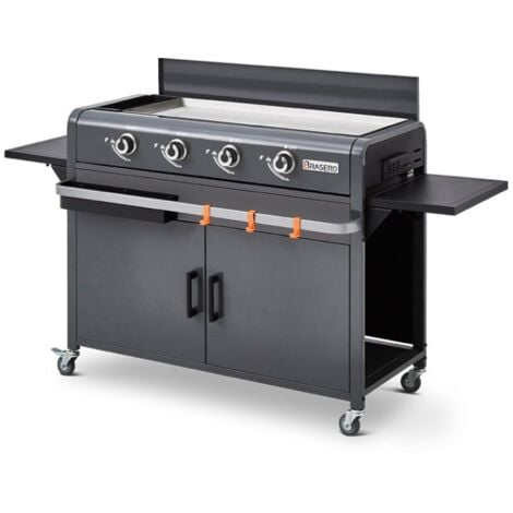 Brasero - Plancha Lola à gaz sur chariot équipé Gun Metal - 4 brûleurs à gaz - jusqu'à 14 convives - Surface de cuisson 88 x 35,5 cm - 9,6 kW - Récupérateur de graisse