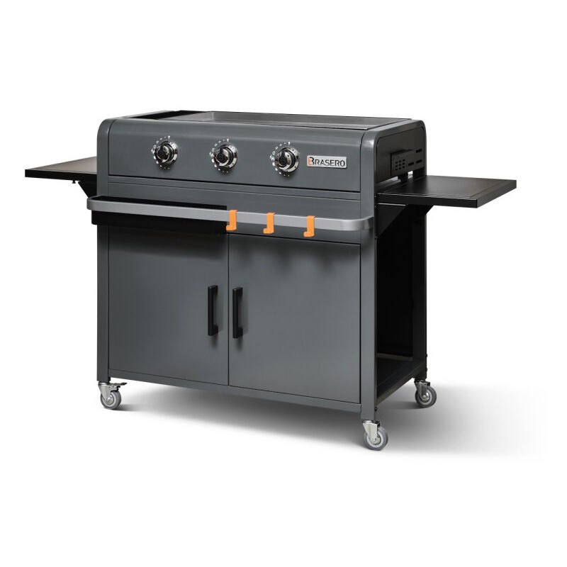 BRASERO Plancha Lola sur chariot &eacute;quip&eacute; Gun Metal - 3 Feux &agrave; gaz - Jusqu'&agrave; 12 convives - Surface de cuisson 68,5 x 35,50 cm - 7,2 kw - R&eacute;cup&eacute;rateur de