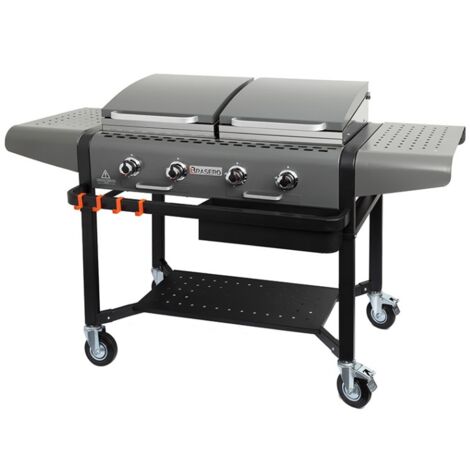 Brasero - Plancha Margaux Gun Metal sur chariot équipé - 4 Feux à gaz - Jusqu'aà 14 convives - Surface de cuisson 86 x 72,7 cm - 15 kW - Récupérateur de graisses