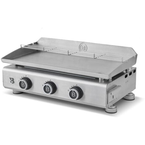 BRASERO - Plancha Silvia EVO 3 Feux Brasero - Plaque Inox de 67 x 34 cm - 3 brûleurs - Grille de réchauffement - Piezo intégré - Tiroir Graisse avec jauge de niveu - Jusqu'à 10 convives - 7,95 KW