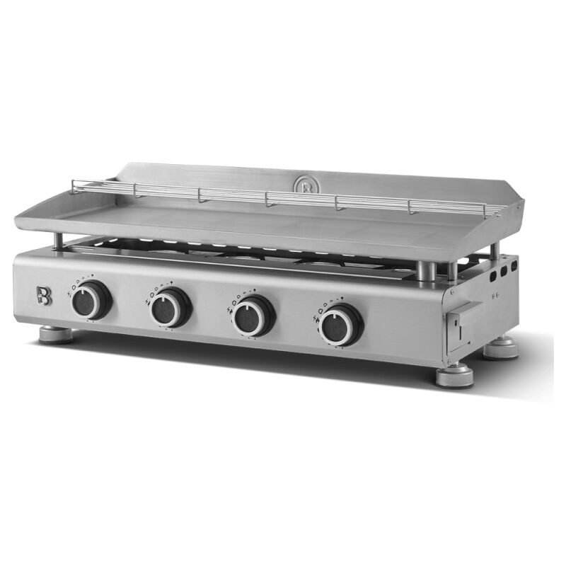 Brasero - Plancha Silvia evo 4 Feux Plaque Inox de 84 x 34 cm - 4 brûleurs - Grille de réchauffement - Piezo intégré - Tiroir Graisse avec jauge de