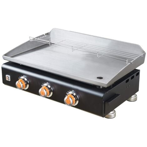 Brasero - Plancha Silvia II G Noir 3 feux Brasero - Surface cuisson 67 x 34 cm - 3 brûleurs - Plaque Inox - Grille de réchauffement - Piezo intégré - Tiroir graisse - Jusqu'à 8/10 convives - 7,5 kW