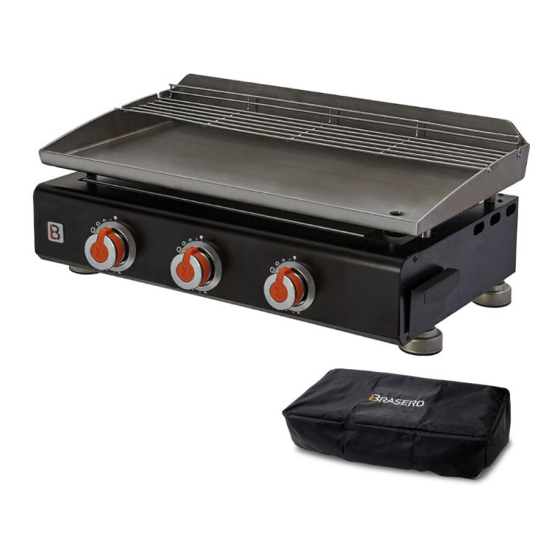 BRASERO - Plancha Silvia IIG Noir 3 feux Brasero - Surface cuisson 67 x 34 cm - Plaque en inox - 3 brûleurs - Grille de réchauffement + Housse