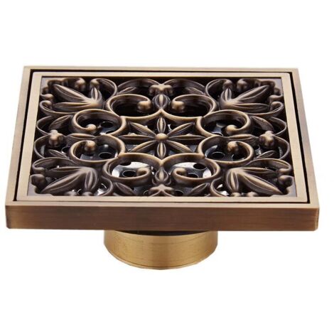 Brass Bathroom Floor Drain - Antique Unique Square Shower Drain Flower Carved for Toilet Garden 10 x 10 cm 7
