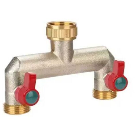 Brass Garden Tap Splitter, 1/2" & 3/4" Hose Splitter, 2 Way Hose Connector with Valves & Extended Handle, Mount on Two Watering Timers MUMU