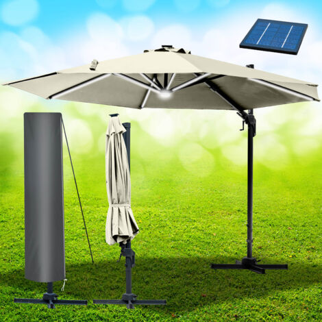 BRAST Alu Sonnenschirm Ampelschirm   Ø360cm Beige + LEDs & Schützhülle   UV-Schutz 80+   wasserabweisend mit Kurbelvorrichtung   drehbar schwenkbar & höhenverstellbar