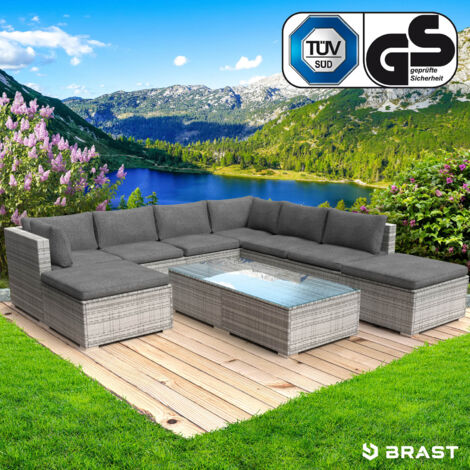 BRAST Gartenmöbel Lounge Sofa Couch Set Wellness Grau Poly-Rattan für 7 Personen