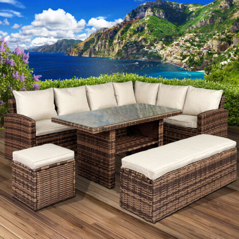 BRAST Gartenmöbel Set Eco Braun/Cappuccino bis zu 9 Personen inkl. extra Dicke Kissen TÜV geprüft Outdoor Loungemöbel Sitzgruppe Essgruppe Garnitur
