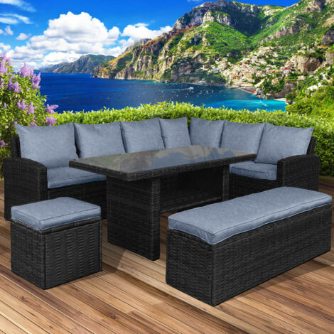 BRAST Gartenmöbel Set Eco Schwarz/Blau bis zu 9 Personen inkl. extra Dicke Kissen TÜV geprüft Outdoor Loungemöbel Sitzgruppe Essgruppe Garnitur