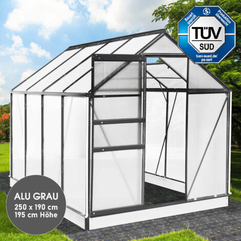BRAST Gewächshaus Aluminium mit Fundament rostfrei TÜV geprüft 6mm Platten 250x190x195cm Grau