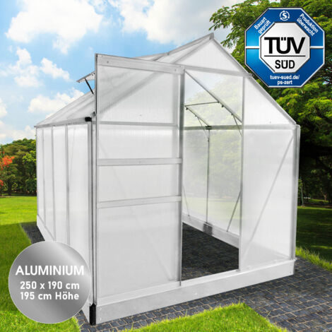 BRAST Gewächshaus Aluminium mit Fundament rostfrei TÜV geprüft 6mm Platten 250x190x195cm Silber