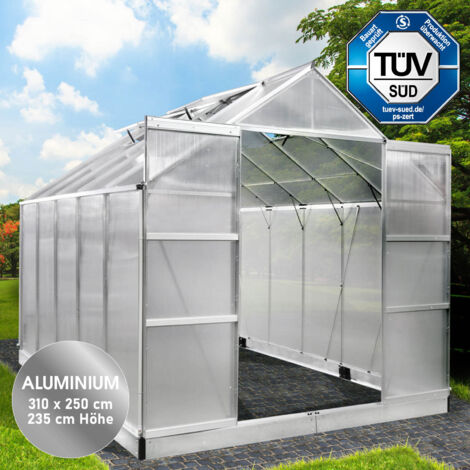 BRAST Gewächshaus Aluminium mit Fundament rostfrei TÜV geprüft 6mm Platten 310x250x235cm Silber