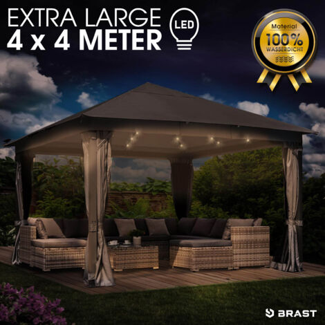 BRAST Pavillon Aluminium Infinity 4x4m Grau   inkl. Moskitonetz + LED   wasserdicht   stabil   UV-Schutz