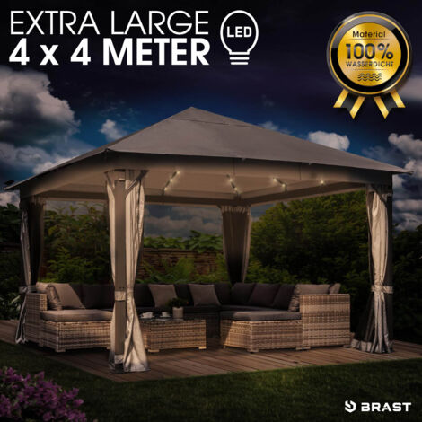 BRAST Pavillon Aluminium Infinity 4x4m Hellgrau   inkl. Moskitonetz + LED   wasserdicht   stabil   UV-Schutz