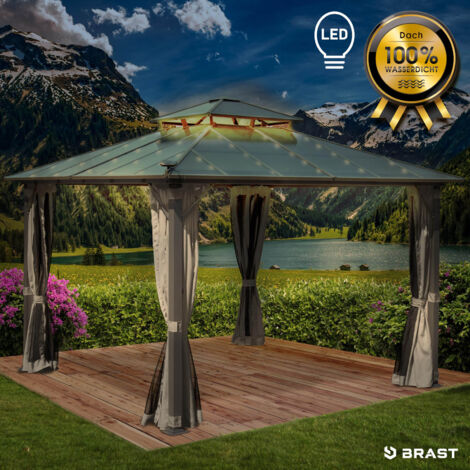 BRAST Pavillon Aluminium Pagode 3,5x3,5m Hellgrau inkl. Moskitonetz + LED   festes Dach   wasserdicht   stabil   UV-Schutz