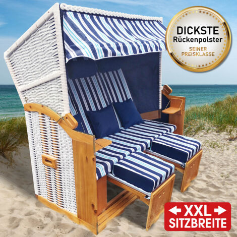 BRAST Strandkorb Usedom 3-Sitzer XXL für 2-3 Personen 165cm breit inkl. wetterfeste Abdeckhaube verstellbare Rückenlehne Fußkissen Hellblau - gestreift