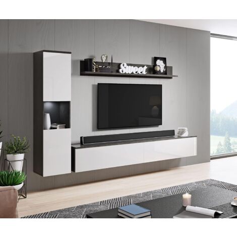 Bratex – Ensemble de meubles de salon Paris – Panneau laminé 15mm – Étagères en verre trempé – Meuble TV et vitrine avec éclairage LED en option