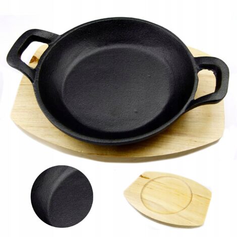 Bratpfanne, Servierschale aus Gusseisen + Holzsockel
