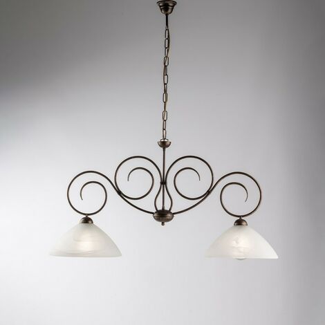 Braun Gold Eisen Kronleuchter zwei Lichter Alabaster Weiß Glas Lampenschirme 99x h52 cm