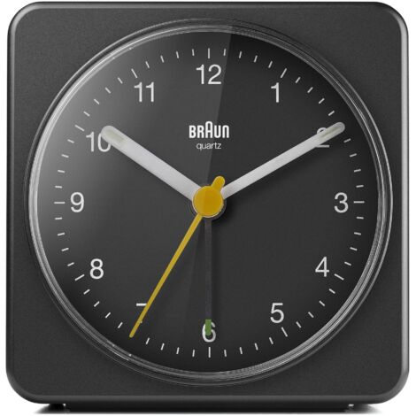 Braun Orologio Sveglia Analogico Classico Funzione Snooze e Luce, Movimento Continuo Silenzioso, Suono Sveglia Beep con crescendo, colore nero, modello BC03B.